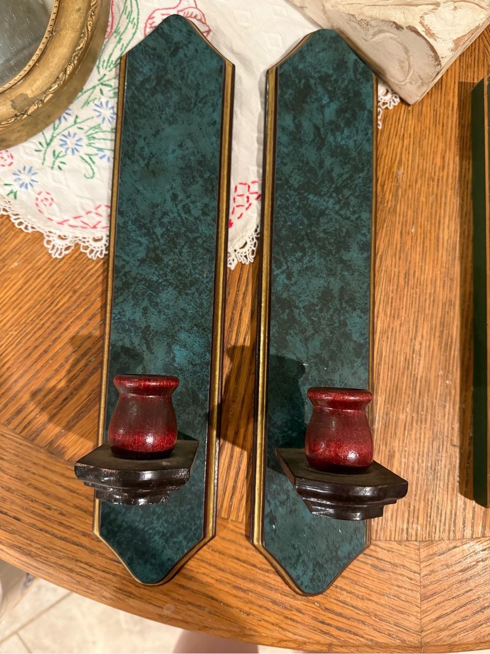 Pair of Green Marble-Effect wood Wall Sconces with Red Candle Holders